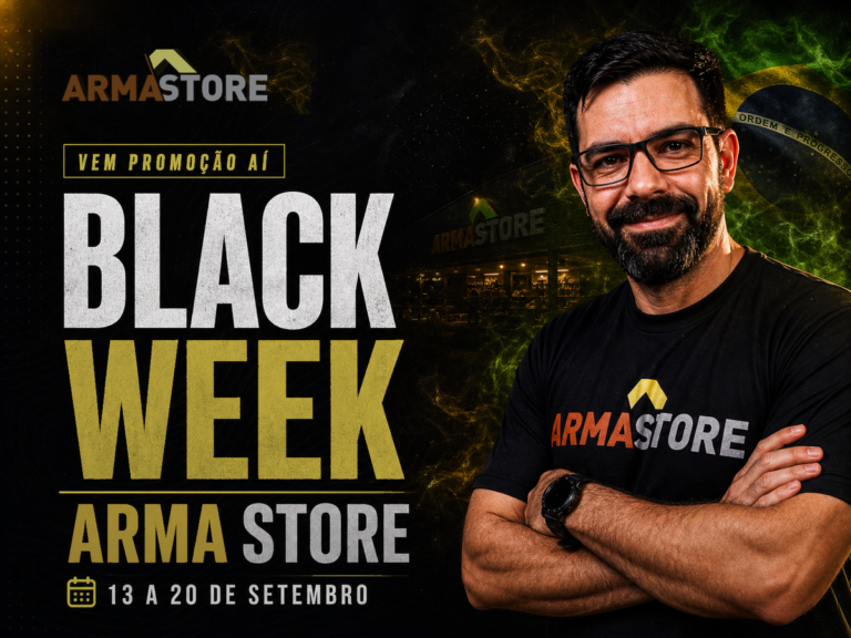 Capa 4:3 Black Week Arma Store com pessoa da loja, logo oficial e cor #b5a642