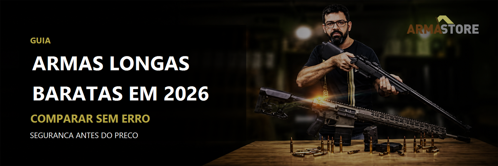 Armas longas baratas em 2026: como comparar com seguranca (banner editorial)