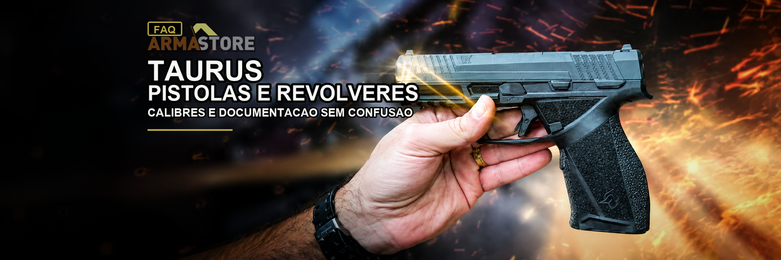 Banner editorial Arma Store para Taurus: FAQ para comparar pistolas 38 TPC, 9mm e revólver .38 SPL