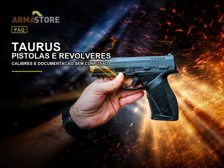 Capa editorial Arma Store para Taurus: FAQ para comparar pistolas 38 TPC, 9mm e revólver .38 SPL